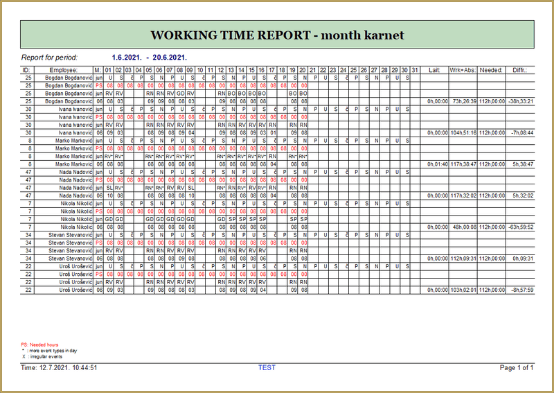 Carnet report with month view